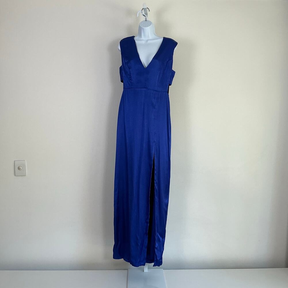 Slate & Willow Cobalt Blue Viscose Satin V-Neck Slit Gown 10